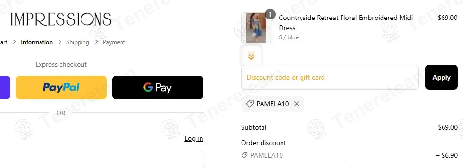 Impressions Online Boutique coupon code: 10% off with PAMELA10. Tested and valid as 1 year ago.