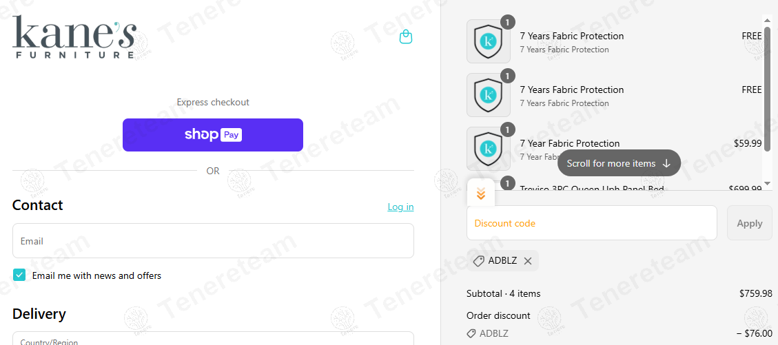 Kane's Furniture coupon code: 10% off with ADBLZ. Tested and valid as 8 months ago.