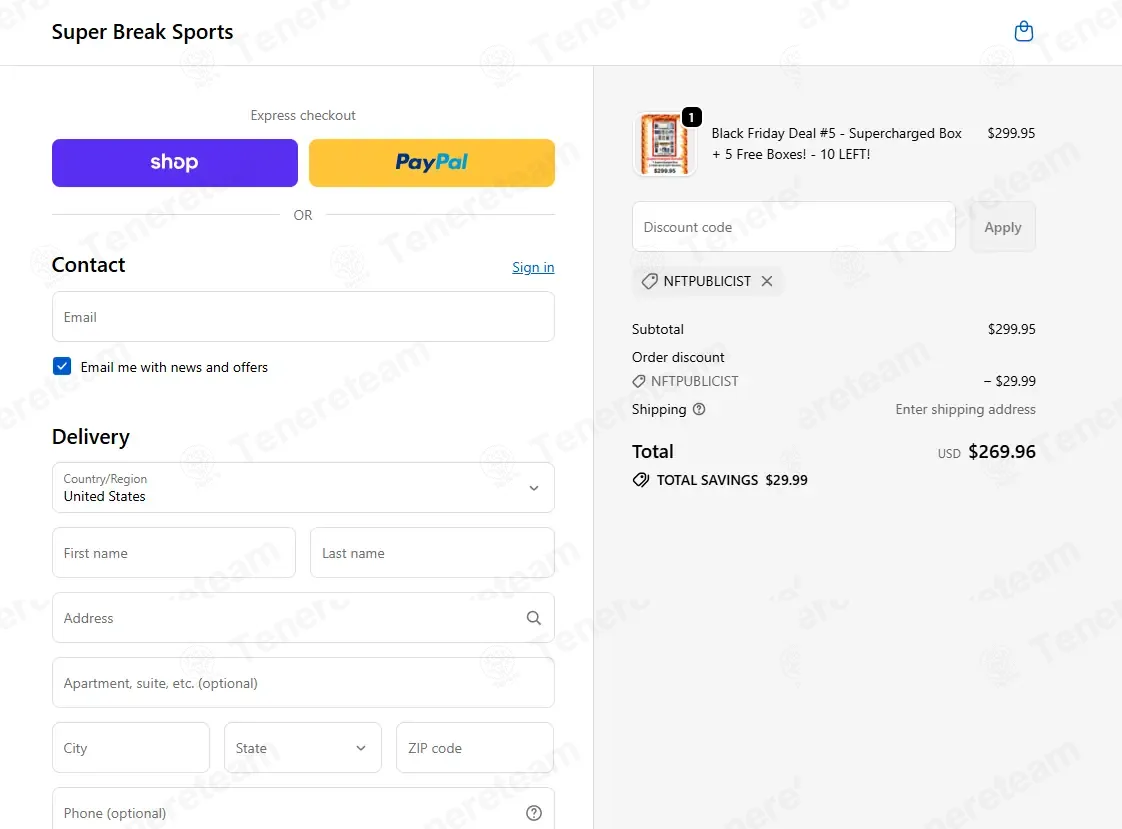 Super Break Sports coupon code: 10% off with NFTPUBLICIST. Tested and valid as 2 weeks ago.