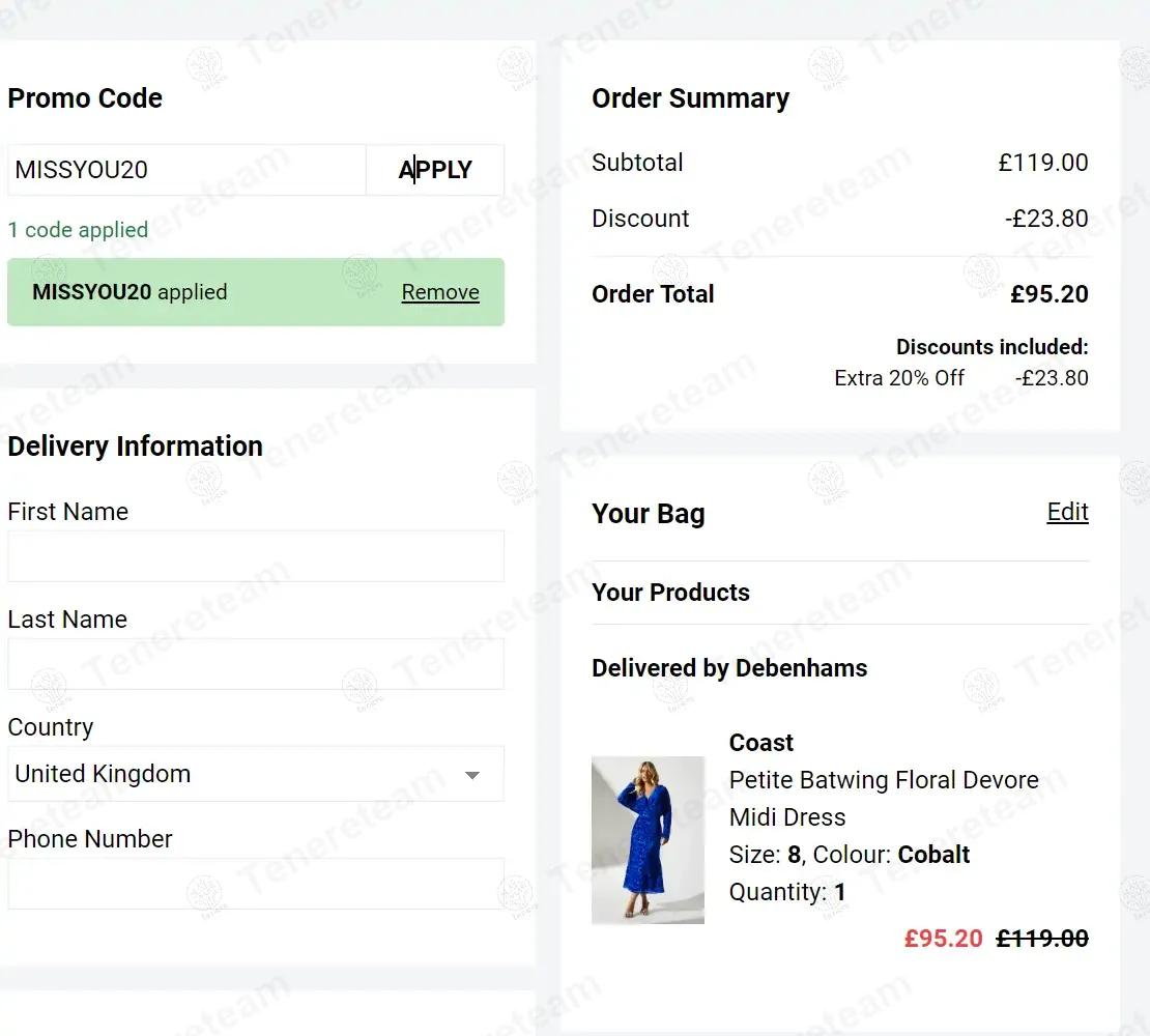 Coast Fashion coupon code: 20% off with MISSYOU20. Tested and valid as 1 year ago.