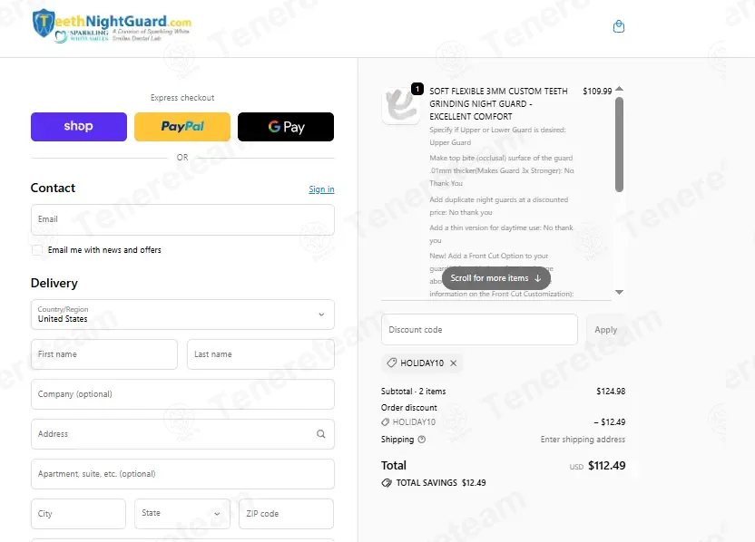 Teeth Night Guard coupon code: 10% off with HOLIDAY10. Tested and valid as 1 month ago.