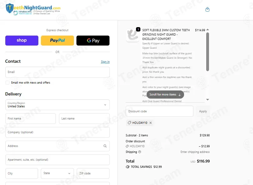 Teeth Night Guard coupon code: 10% off with HOLIDAY10. Tested and valid as 1 month ago.