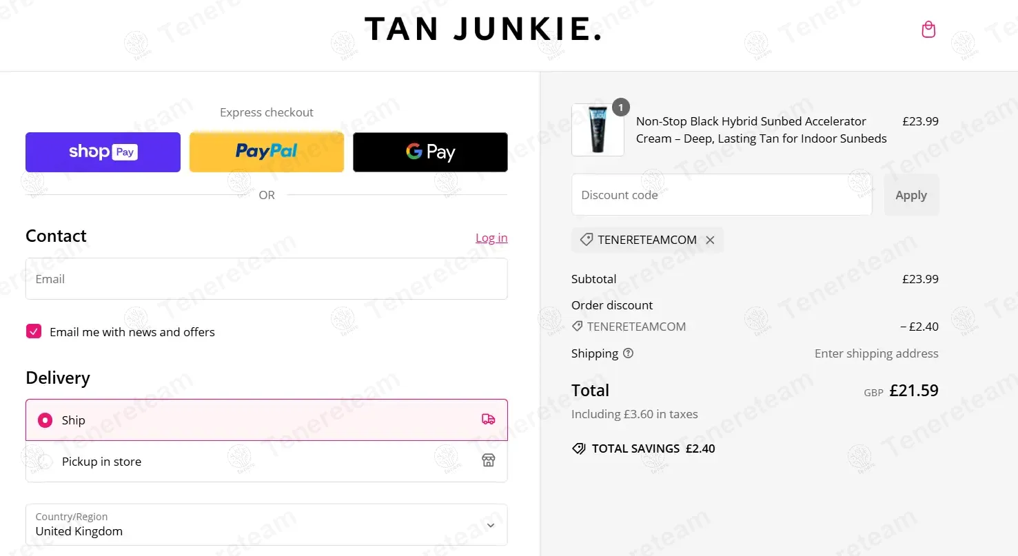 Tan Junkie coupon code: 10% off with TENERETEAMCOM. Tested and valid as 11 months ago.