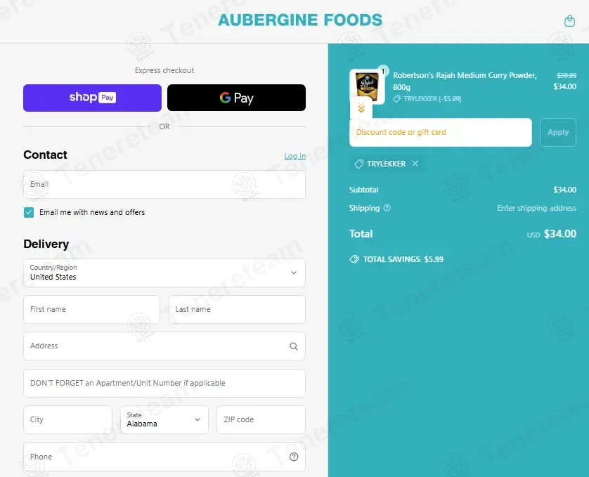Aubergine Foods apply coupon code