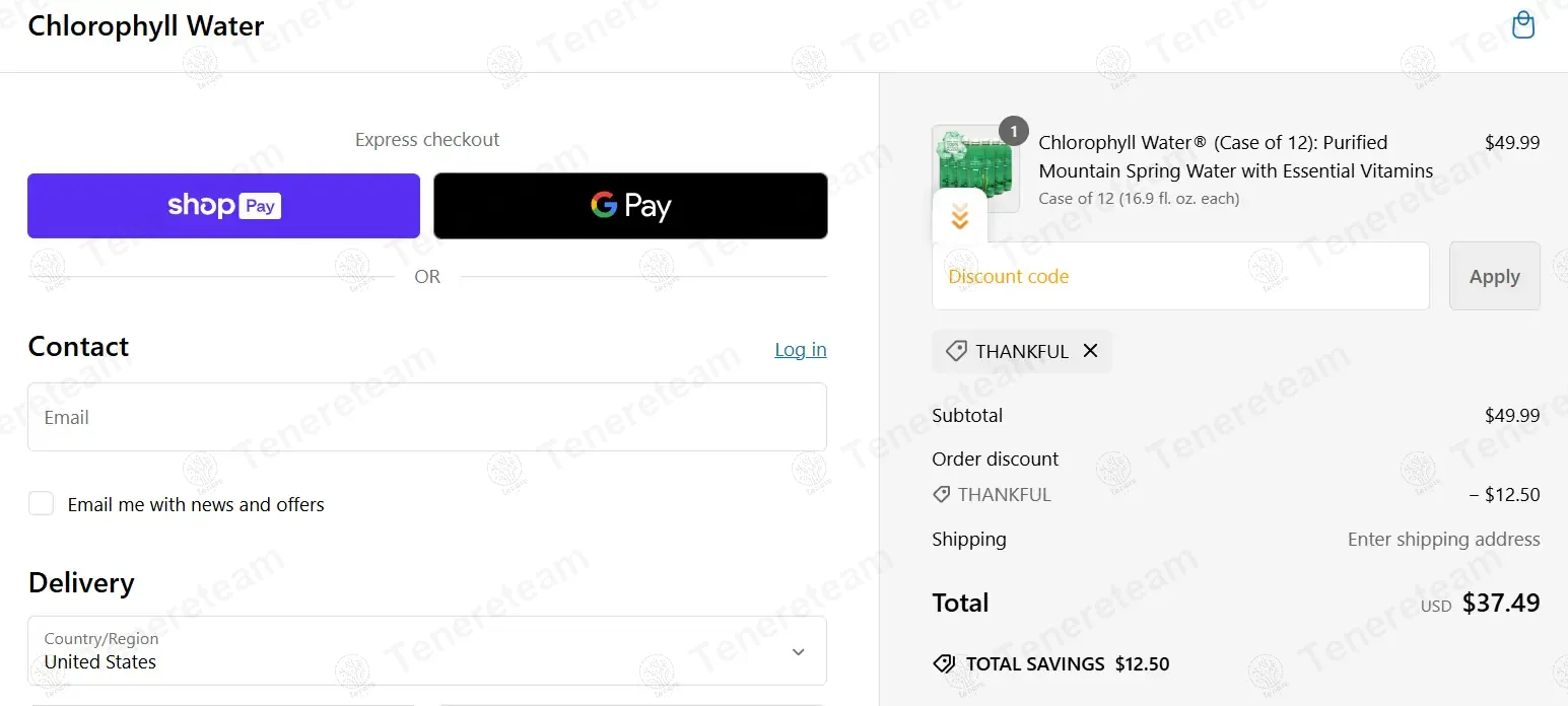 Chlorophyll Water coupon code: 25% off with THANKFUL. Tested and valid as 1 year ago.