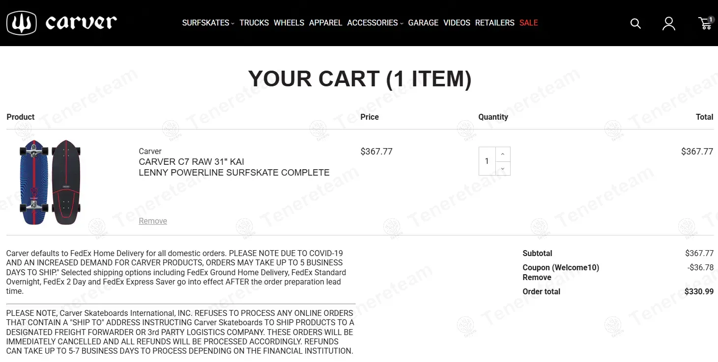 Carver Skateboards coupon code: 10% off with WELCOME10. Tested and valid as 1 year ago.