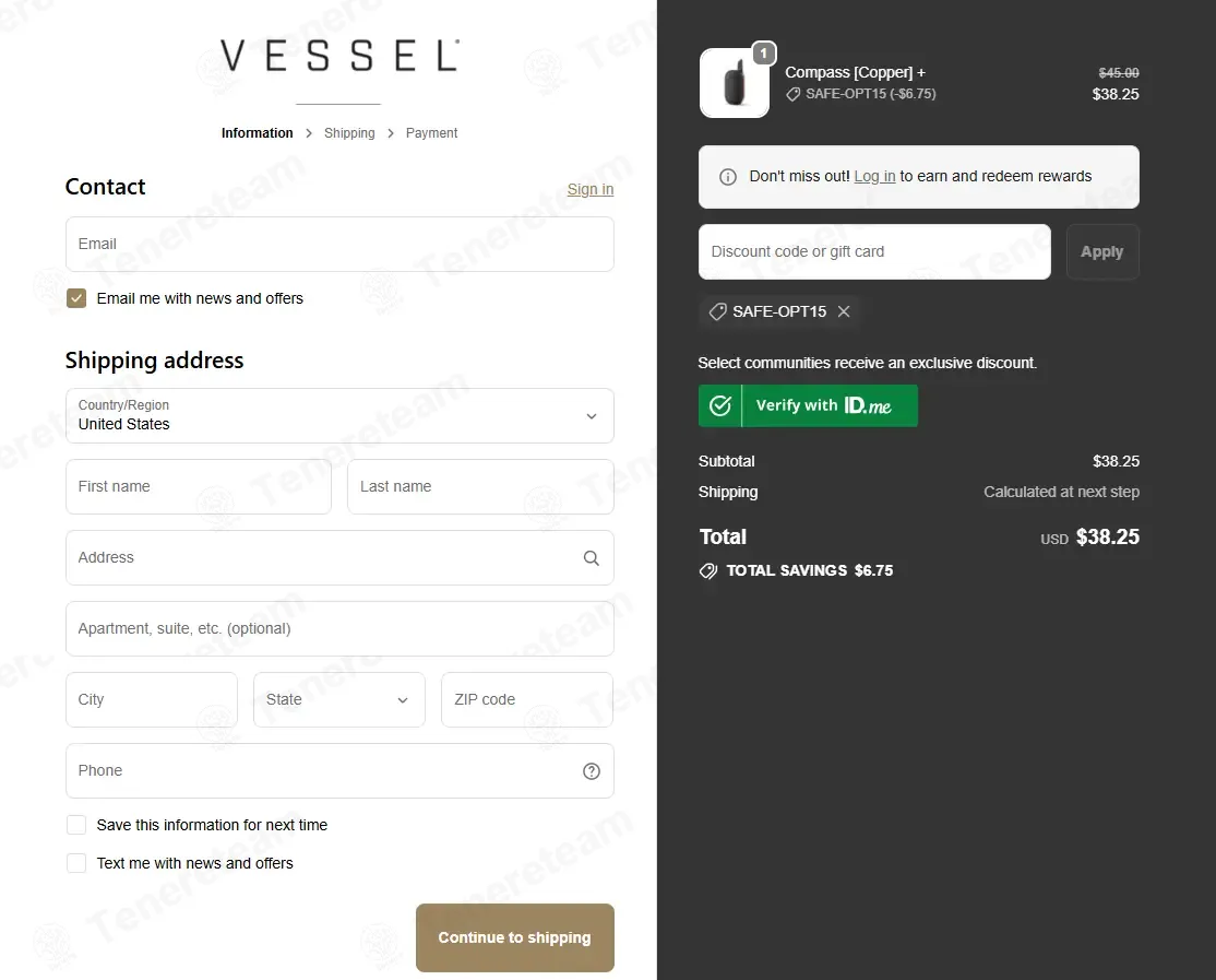 Vessel Brand coupon code: 15% off with SAFE-OPT15. Tested and valid as 2 weeks ago.