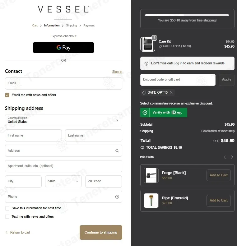 Vessel Brand coupon code: 15% off with SAFE-OPT15. Tested and valid as 2 weeks ago.