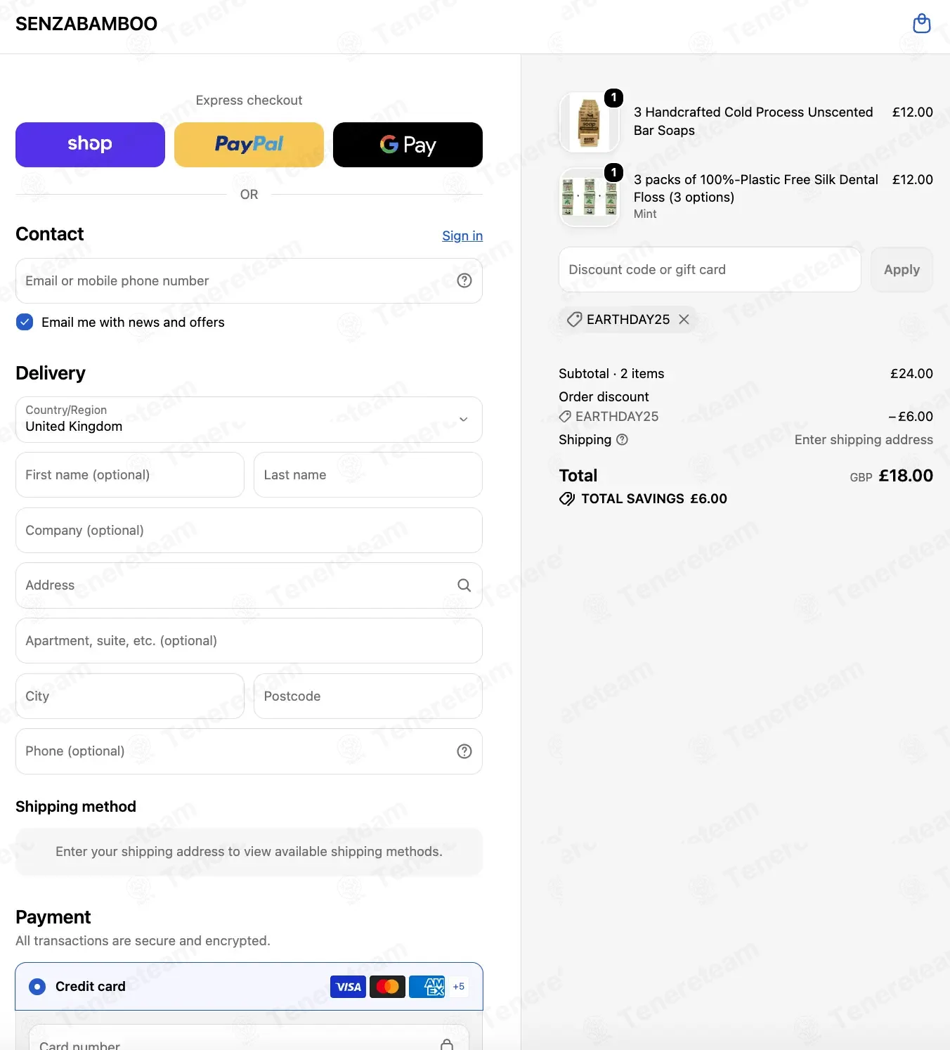 Senza Bamboo coupon code successfully applied at checkout