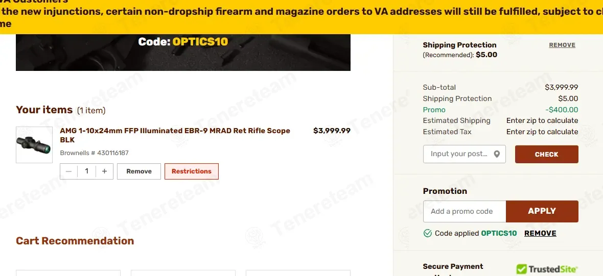 Brownells coupon code: 10% off with optics10. Tested and valid as 1 week ago.