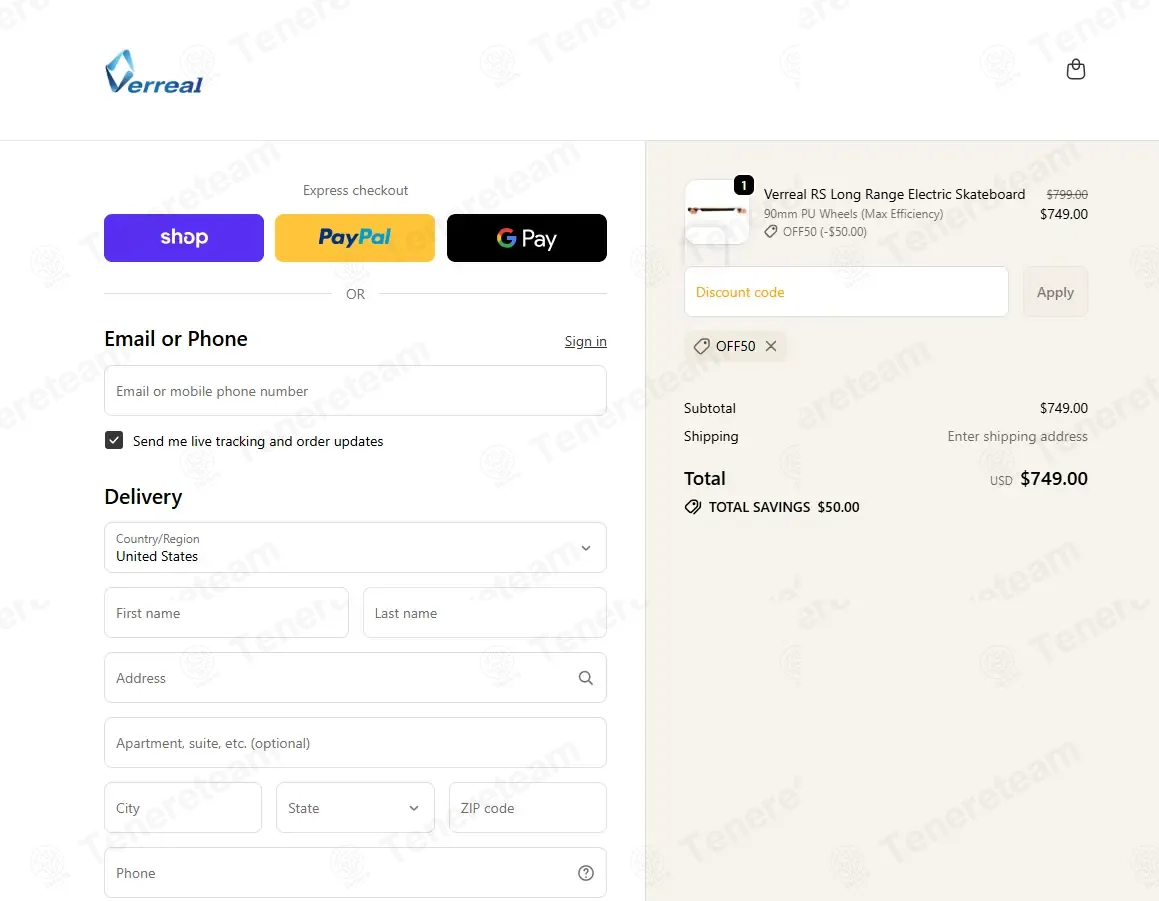 Verreal Electric Skateboards coupon code: $50 off with OFF50. Tested and valid as 2 weeks ago.