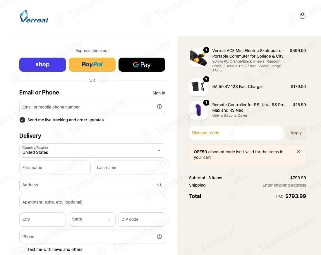Verreal Electric Skateboards coupon code: $50 off with OFF50. Tested and valid as 2 weeks ago.