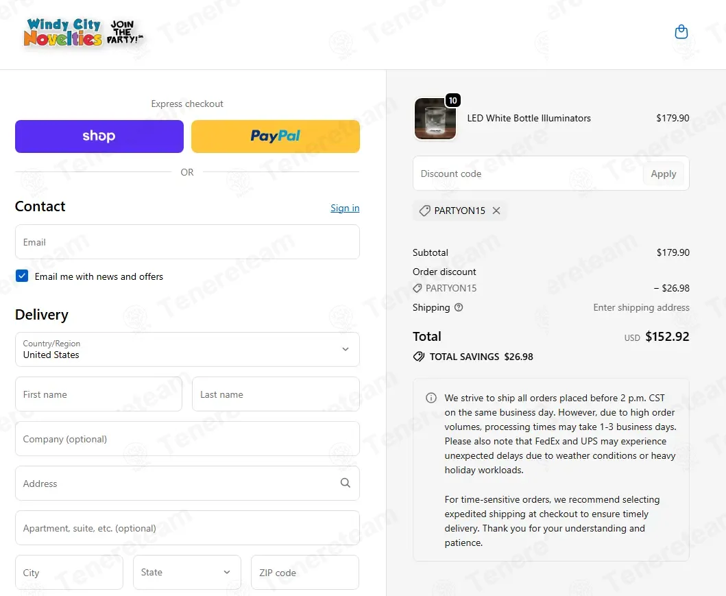 Windy City Novelties coupon code: 15% off with PARTYON15. Tested and valid as 1 month ago.