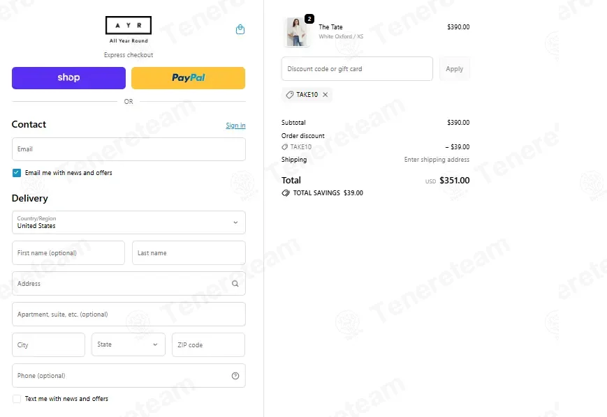 AYR coupon code: 10% off with TAKE10. Tested and valid as 2 months ago.