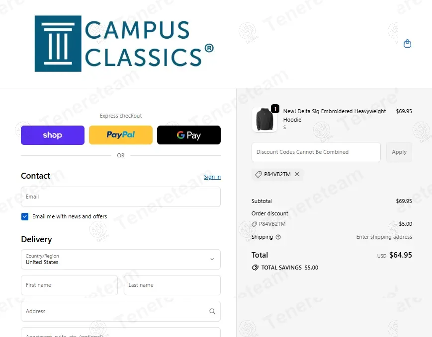 Campus-Classics.com coupon code: $5 off with P84VB2TM. Tested and valid as 11 months ago.