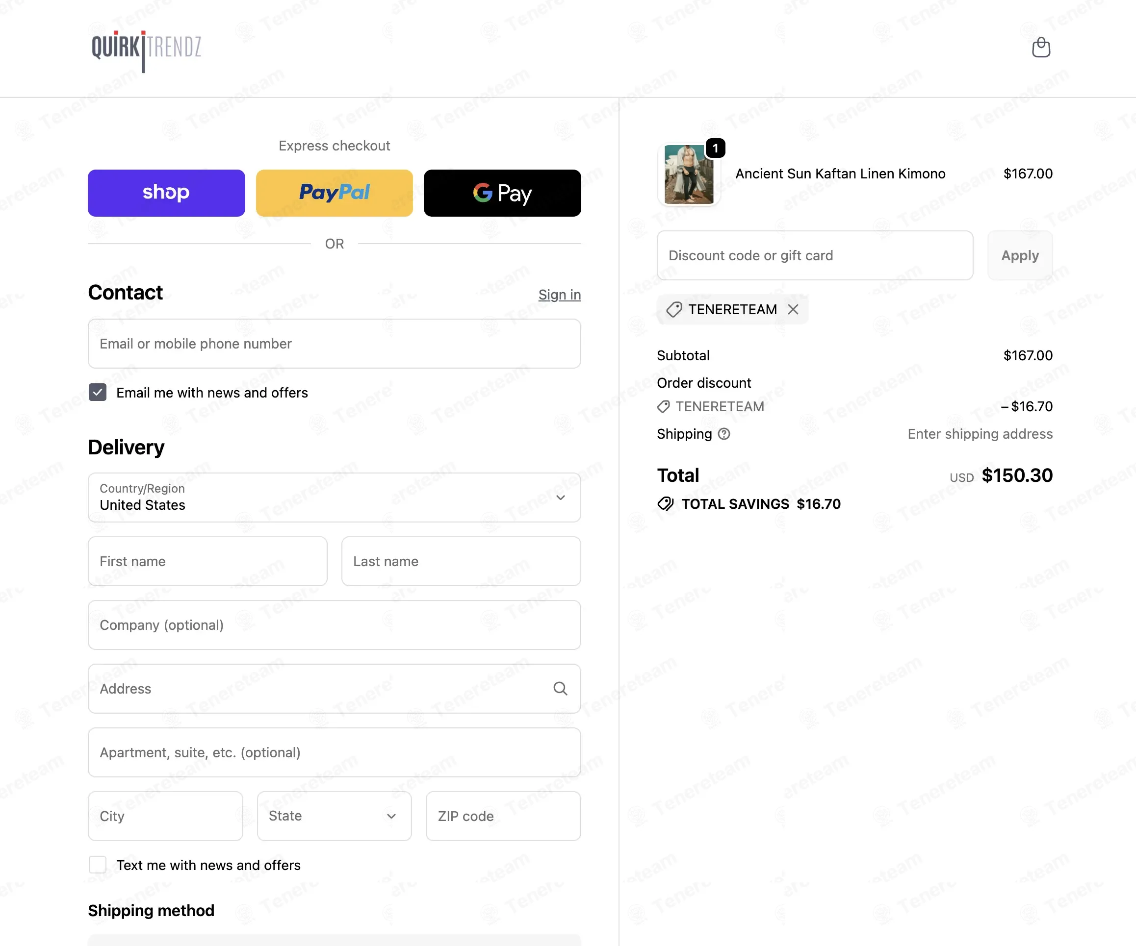 Quirki Trendz coupon code: 10% off with TENERETEAM. Tested and valid as 4 weeks ago.