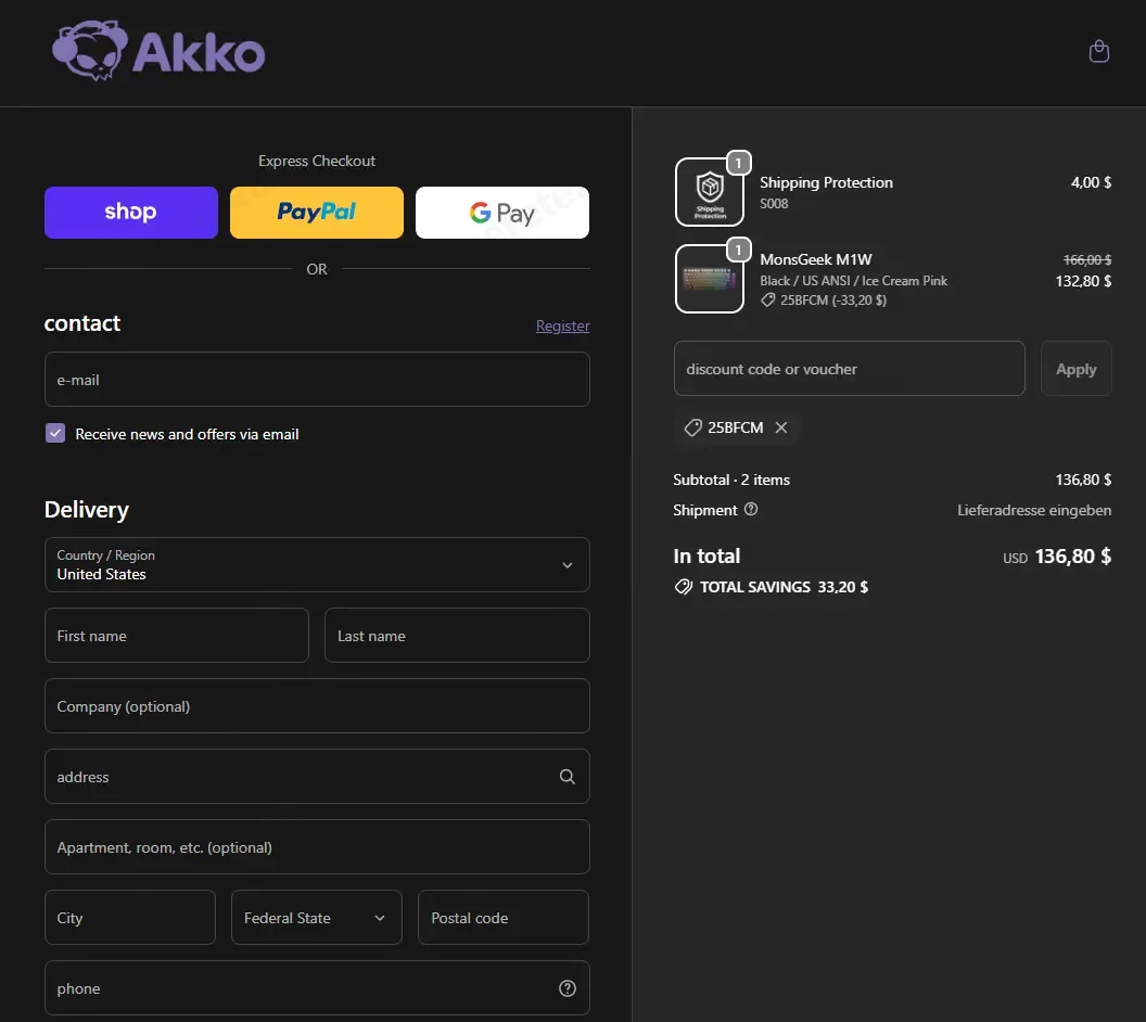 Akkogear coupon code: 20% off with 25BFCM. Tested and valid as 4 months ago.