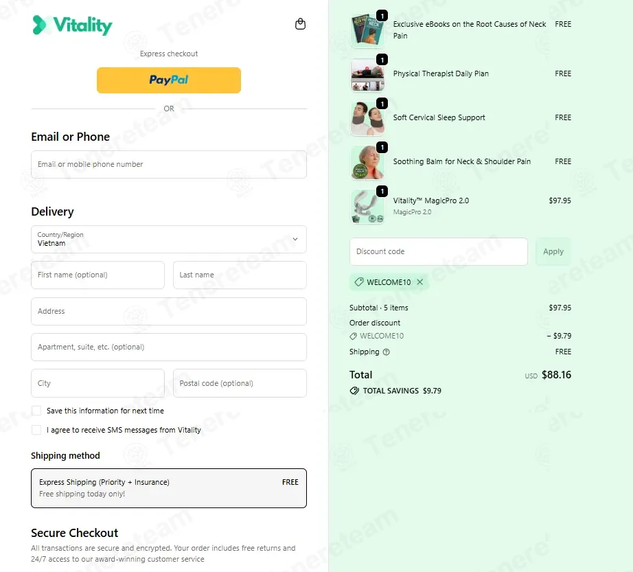 My Vitality Store coupon code: 10% off with WELCOMEBACK. Tested and valid as 4 months ago.