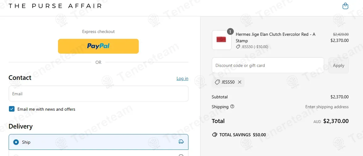 THE PURSE AFFAIR coupon code: $50 off with JESS50. Tested and valid as 1 year ago.