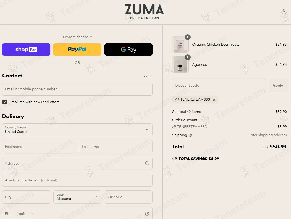 Zuma Pet Nutrition coupon code: 15% off with TENERETEAM333. Tested and valid as 1 year ago.