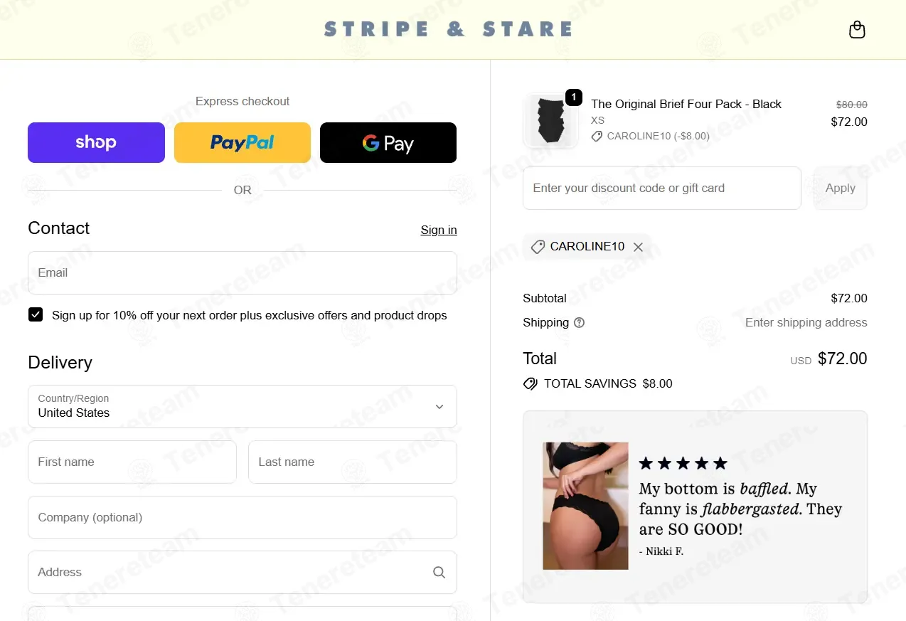Stripe And Stare coupon code: 10% off with CAROLINE10. Tested and valid as 2 weeks ago.