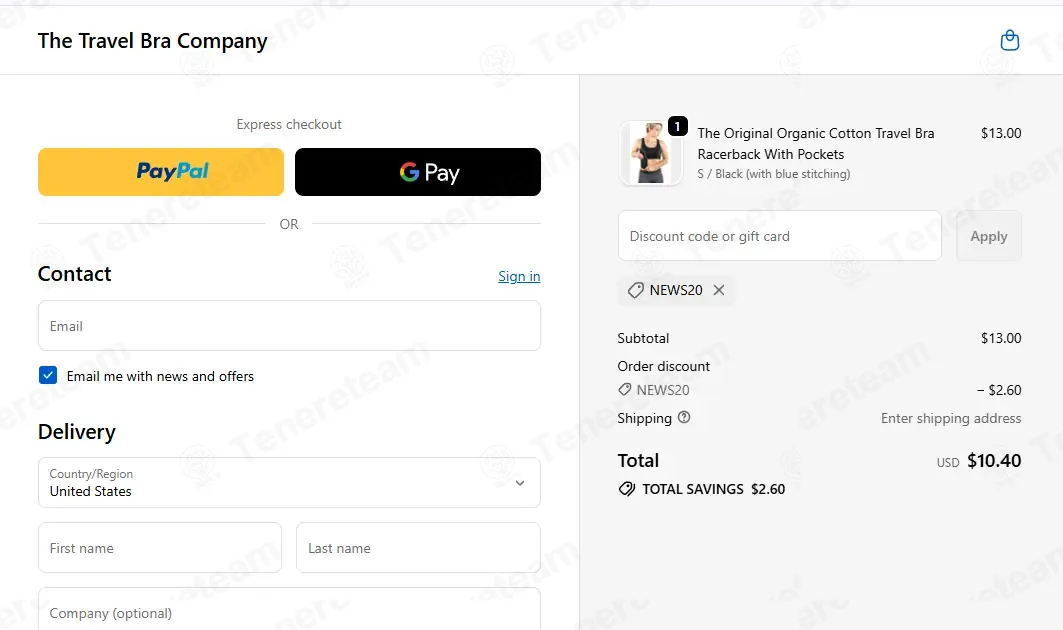 The Travel Bra coupon code: 20% off with NEWS20. Tested and valid as 4 weeks ago.