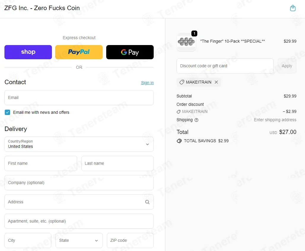 Zero Fucks Given Coins coupon code: 10% off with MAKEITRAIN. Tested and valid as 1 month ago.