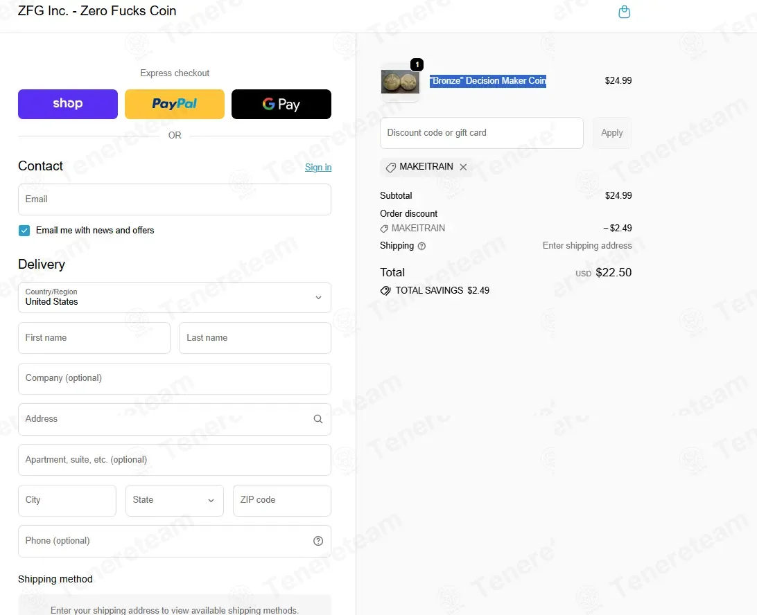 Zero Fucks Given Coins coupon code: 10% off with MAKEITRAIN. Tested and valid as 1 month ago.