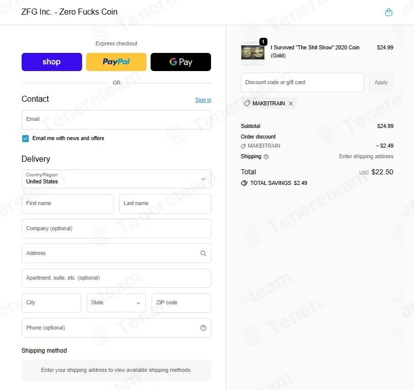 Zero Fucks Given Coins coupon code: 10% off with MAKEITRAIN. Tested and valid as 1 month ago.