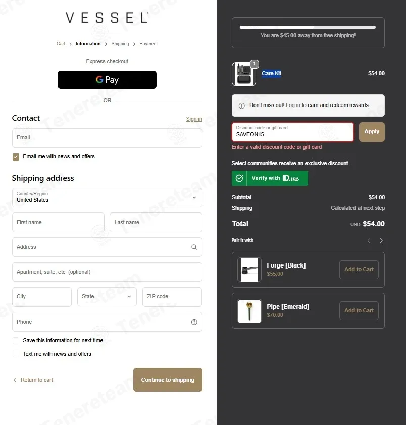 Vessel Brand coupon code: 15% off with SAVEON15. Tested and valid as 2 weeks ago.