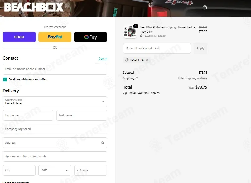 The Beach Box coupon code: 25% off with FLASHFIRE. Tested and valid as 1 month ago.