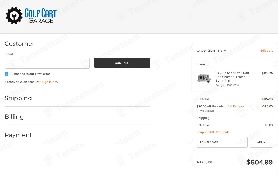 Golf Cart Garage coupon code: $20 off with 20WELCOME. Tested and valid as 6 months ago.