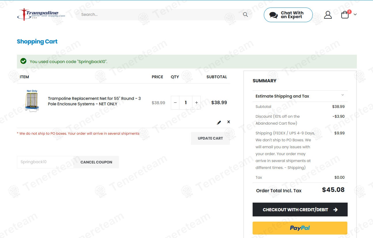 Trampoline Parts And Supply coupon code: 10% off with Springback10. Tested and valid as 1 year ago.