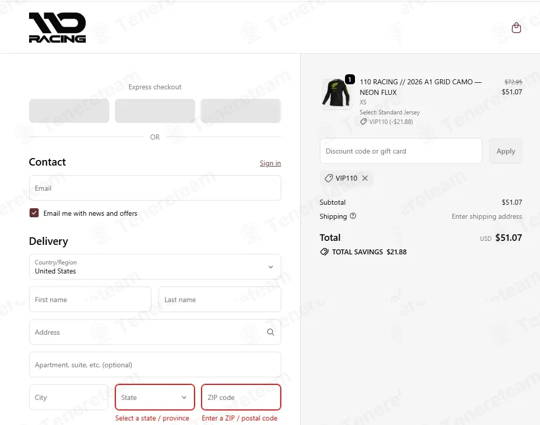 110 Racing coupon code: 35% off with VIP110. Tested and valid as 2 weeks ago.