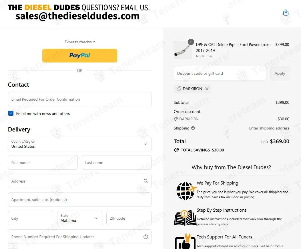 The Diesel Dudes coupon code: $30 off with DARKIRON. Tested and valid as 10 months ago.
