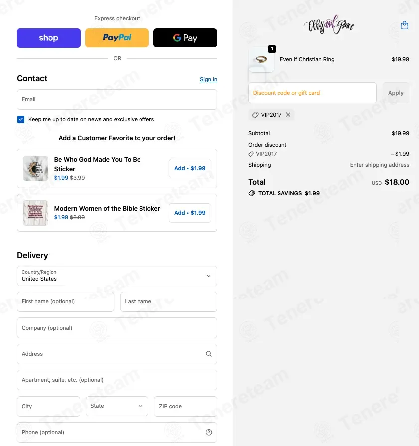 Elly and Grace coupon code: 10% off with VIP2017. Tested and valid as 6 months ago.