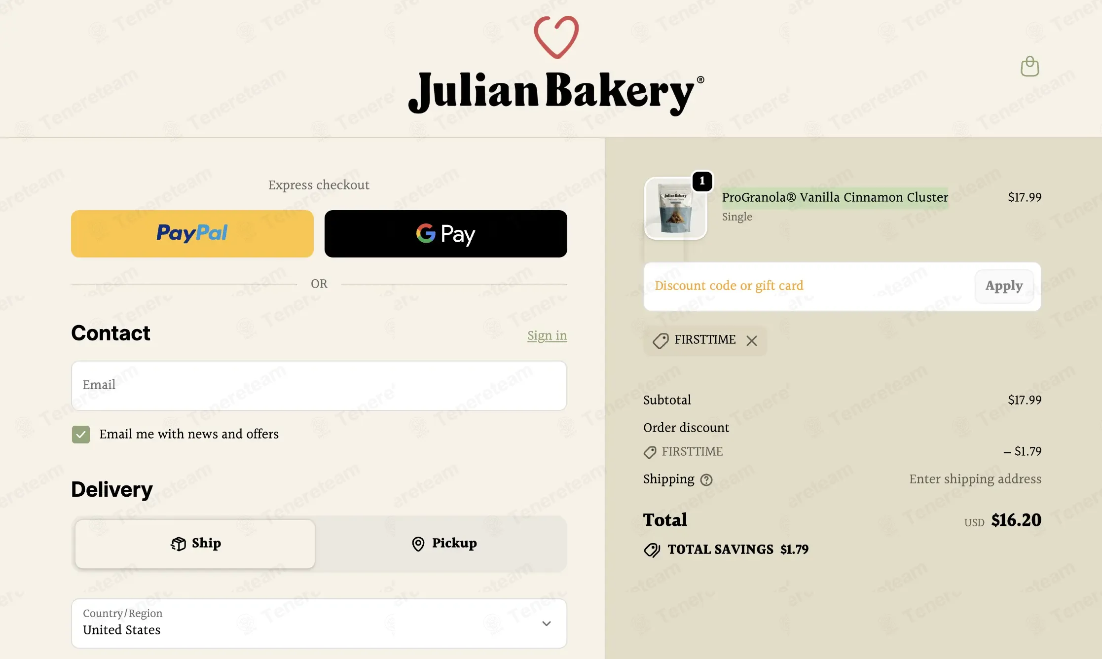Julian Bakery coupon code: 10% off with FIRSTTIME. Tested and valid as 1 day ago.