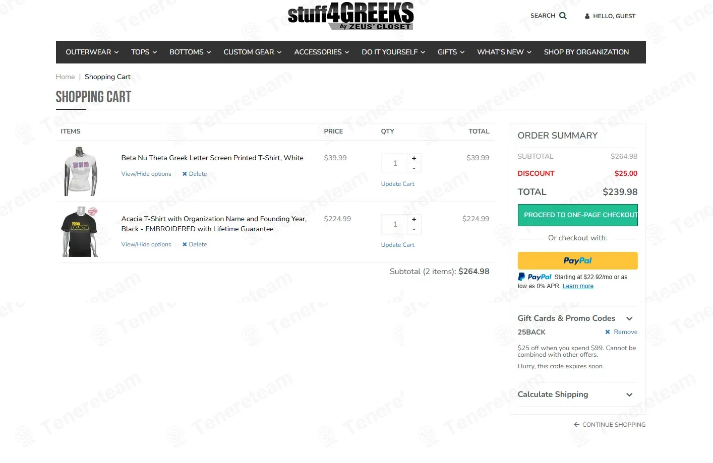 Stuff4Greeks coupon code: $25 off with 25BACK. Tested and valid as 1 month ago.