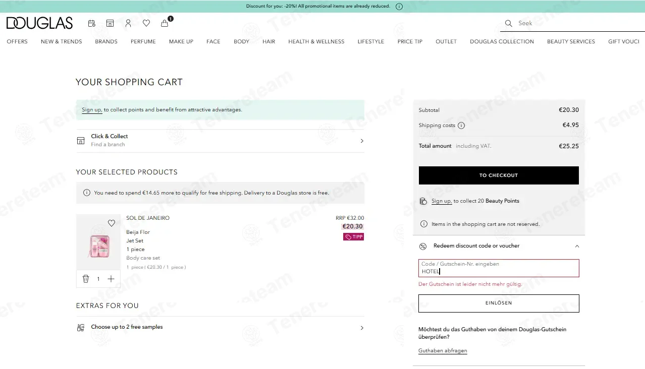 Douglas coupon code: 20% off with HOTEL. Tested and valid as 3 months ago.