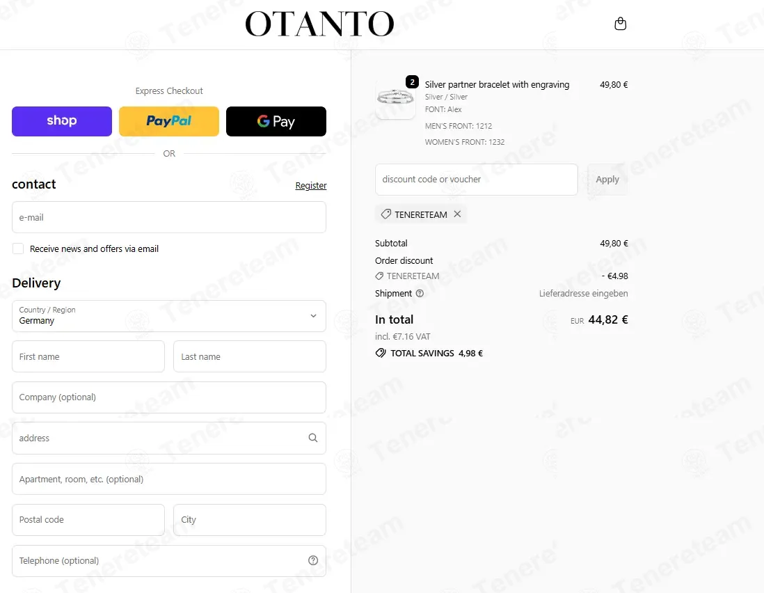 Otanto DE coupon code: 10% off with TENERETEAM. Tested and valid as 3 weeks ago.