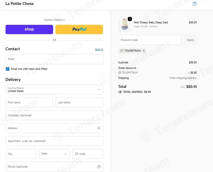La Petite Chose coupon code: 10% off with TENERETEAM. Tested and valid as 1 month ago.