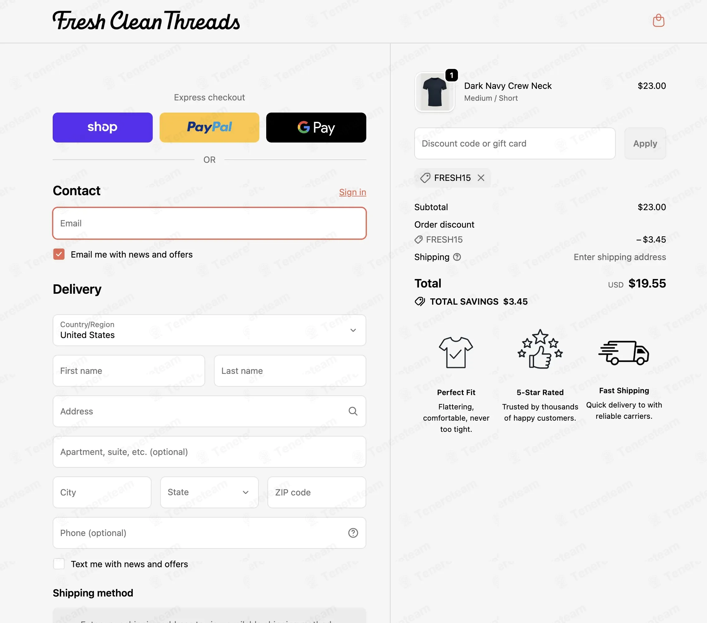 Fresh Clean Tees coupon code: 15% off with FRESH15. Tested and valid as 1 month ago.