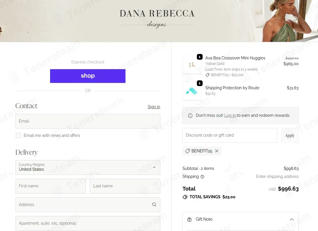 Dana Rebecca Designs coupon code: $25 off with BENEFIT25. Tested and valid as 4 weeks ago.