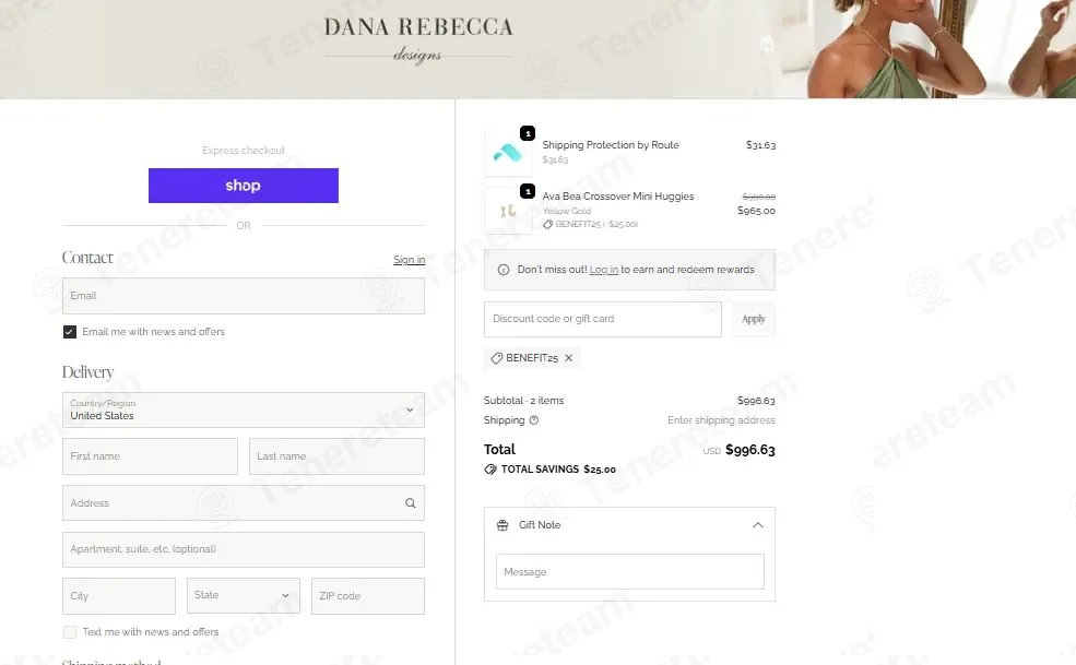 Dana Rebecca Designs coupon code: $25 off with BENEFIT25. Tested and valid as 4 weeks ago.