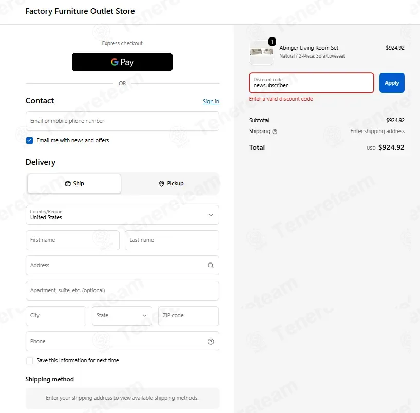 Factory Furniture Outlet coupon code: 10% off with newsubscriber. Tested and valid as 2 months ago.