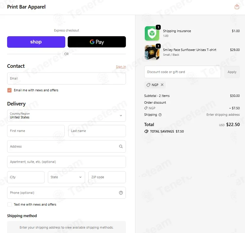 The Print Bar Apparel coupon code: 25% off with NGP. Tested and valid as 1 month ago.