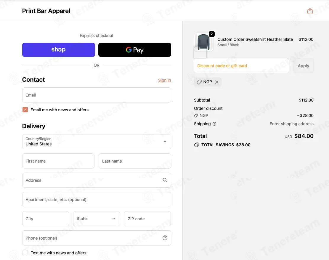 The Print Bar Apparel coupon code: 25% off with NGP. Tested and valid as 1 month ago.