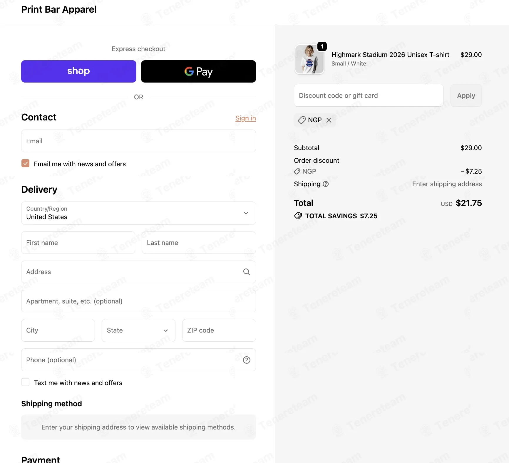 The Print Bar Apparel coupon code: 25% off with NGP. Tested and valid as 1 month ago.