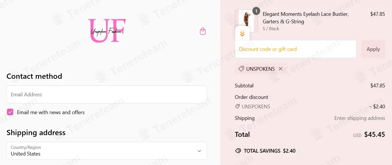 Unspoken Fashion coupon code: 5% off with UNSPOKEN5. Tested and valid as 1 year ago.