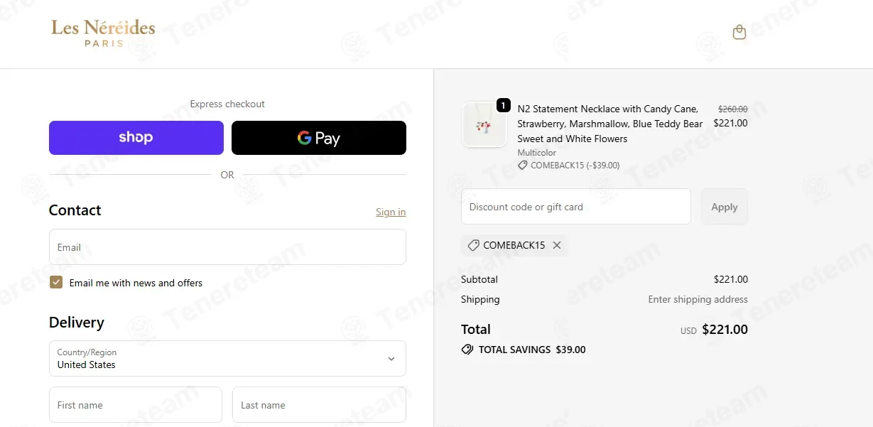 Les Nereides coupon code: 15% off with COMEBACK15. Tested and valid as 8 months ago.